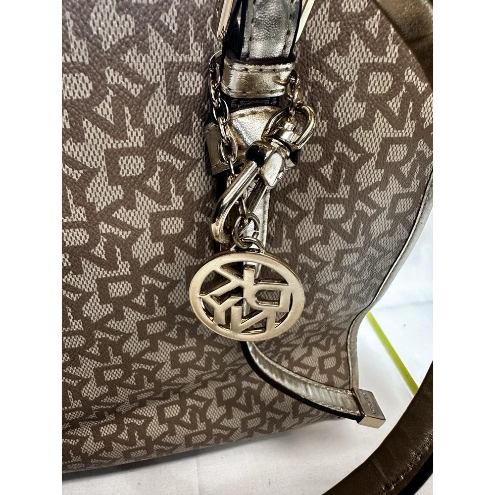DKNY Repeat Gold Tote Bag Purse Beige w/ Brown Monogram in excellent cond 1990's